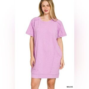 Zenana Washed Slub Short Sleeve Dress With Pockets
